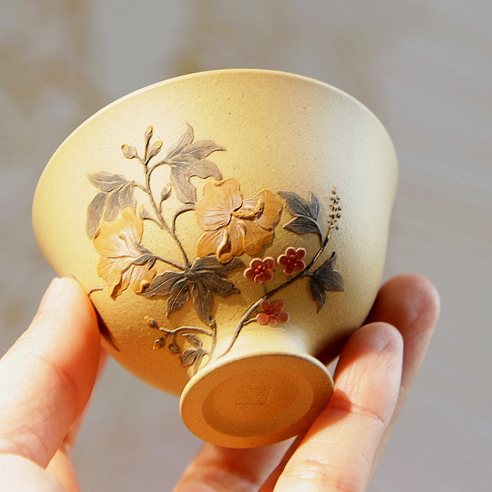 YiXing ZiSha Goblet Multi-Flowers Purple Clay Cup 高足繁花杯[ZS57]