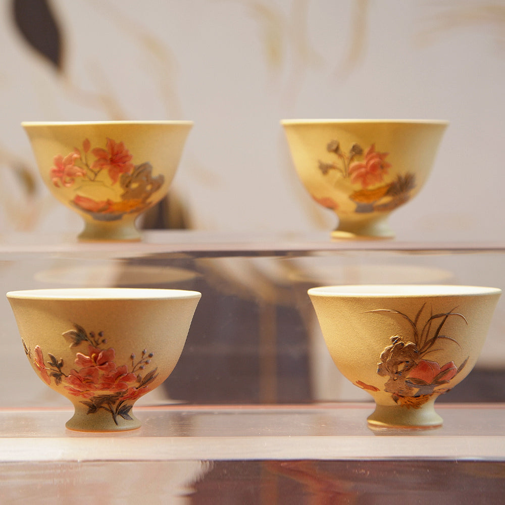 YiXing ZiSha Goblet Multi-Flowers Purple Clay Cup 高足繁花杯[ZS57]