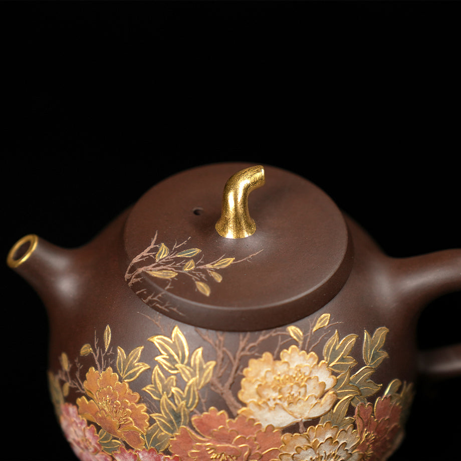 YiXing ZiSha宜兴紫砂壶 Peony gold-painted eggplant segment pot牡丹