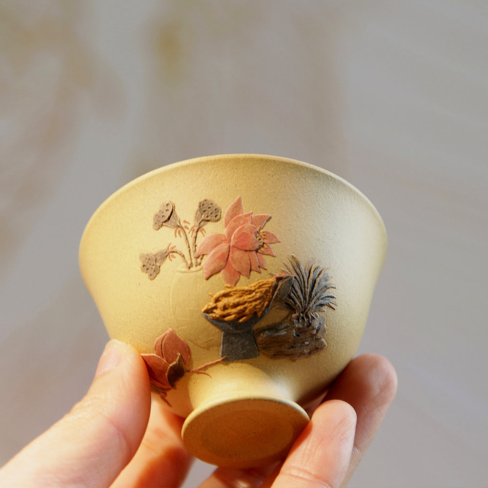 YiXing ZiSha Goblet Multi-Flowers Purple Clay Cup 高足繁花杯[ZS57]