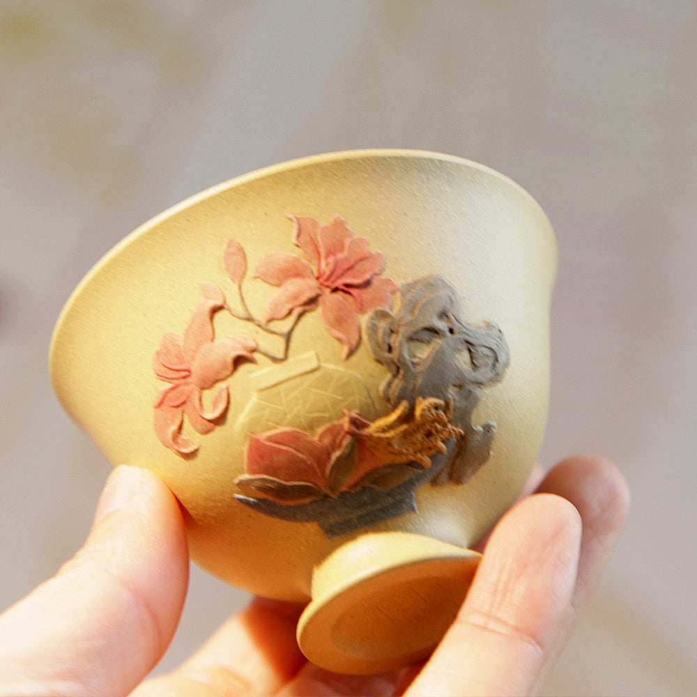 YiXing ZiSha Goblet Multi-Flowers Purple Clay Cup 高足繁花杯[ZS57]
