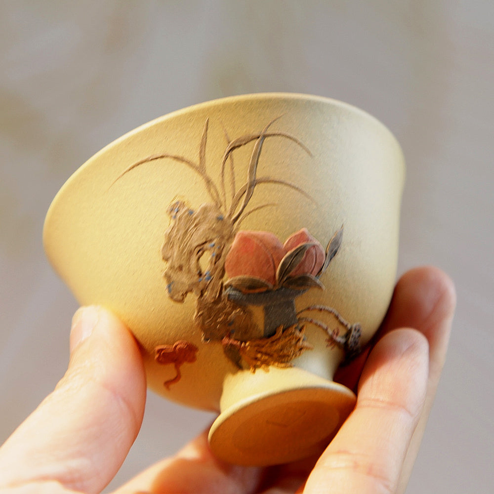 YiXing ZiSha Goblet Multi-Flowers Purple Clay Cup 高足繁花杯[ZS57]
