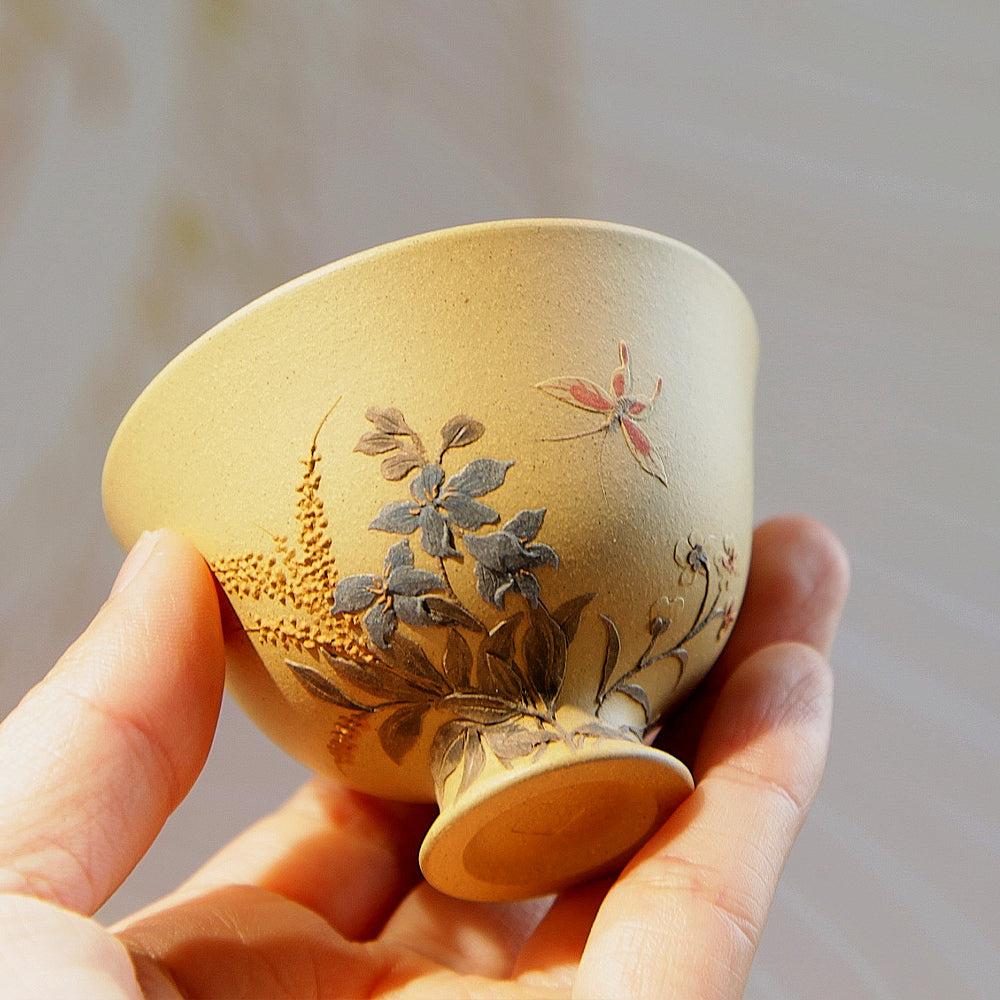 YiXing ZiSha Goblet Multi-Flowers Purple Clay Cup 高足繁花杯[ZS57]