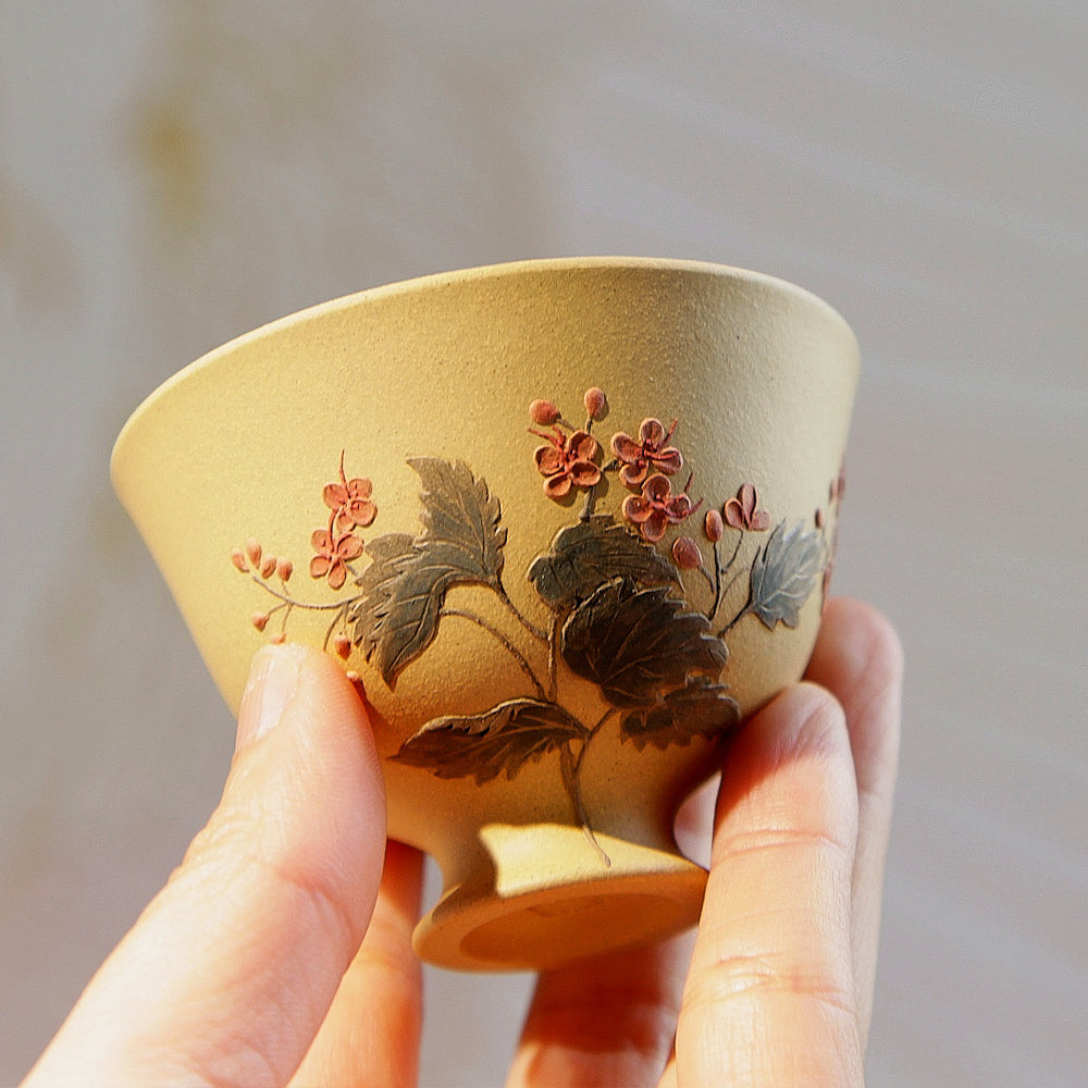 YiXing ZiSha Goblet Multi-Flowers Purple Clay Cup 高足繁花杯[ZS57]