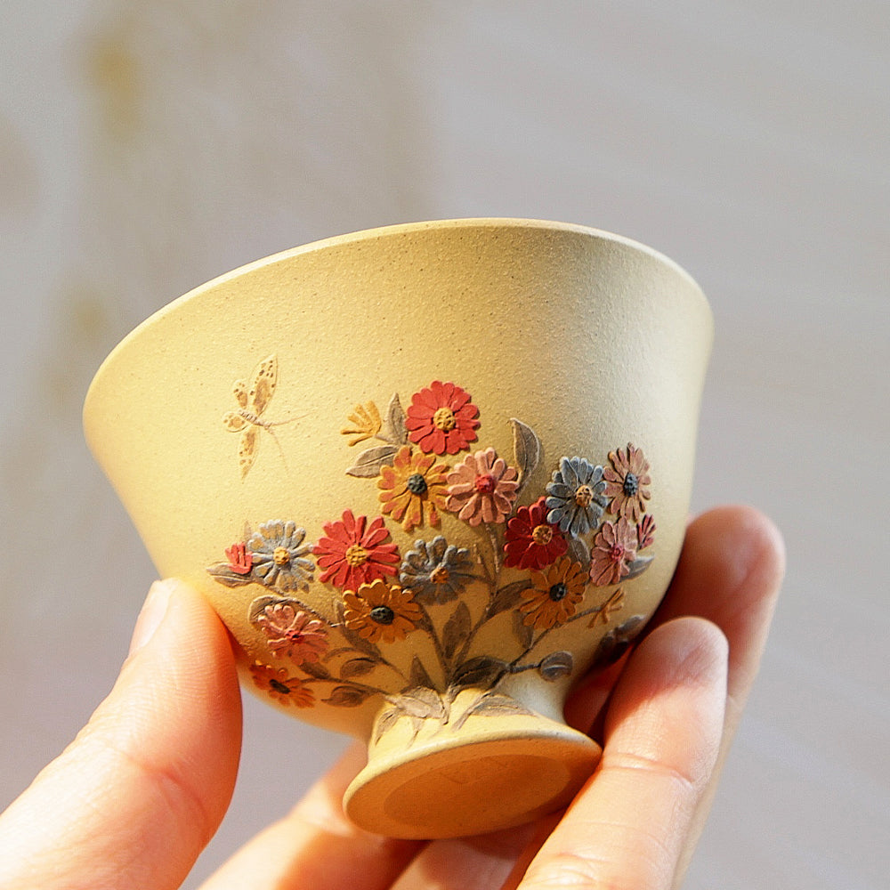 YiXing ZiSha Goblet Multi-Flowers Purple Clay Cup 高足繁花杯[ZS57]
