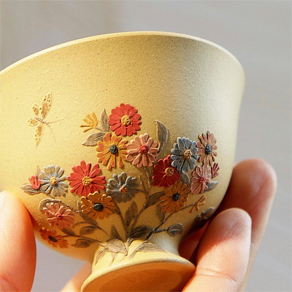YiXing ZiSha Goblet Multi-Flowers Purple Clay Cup 高足繁花杯[ZS57]