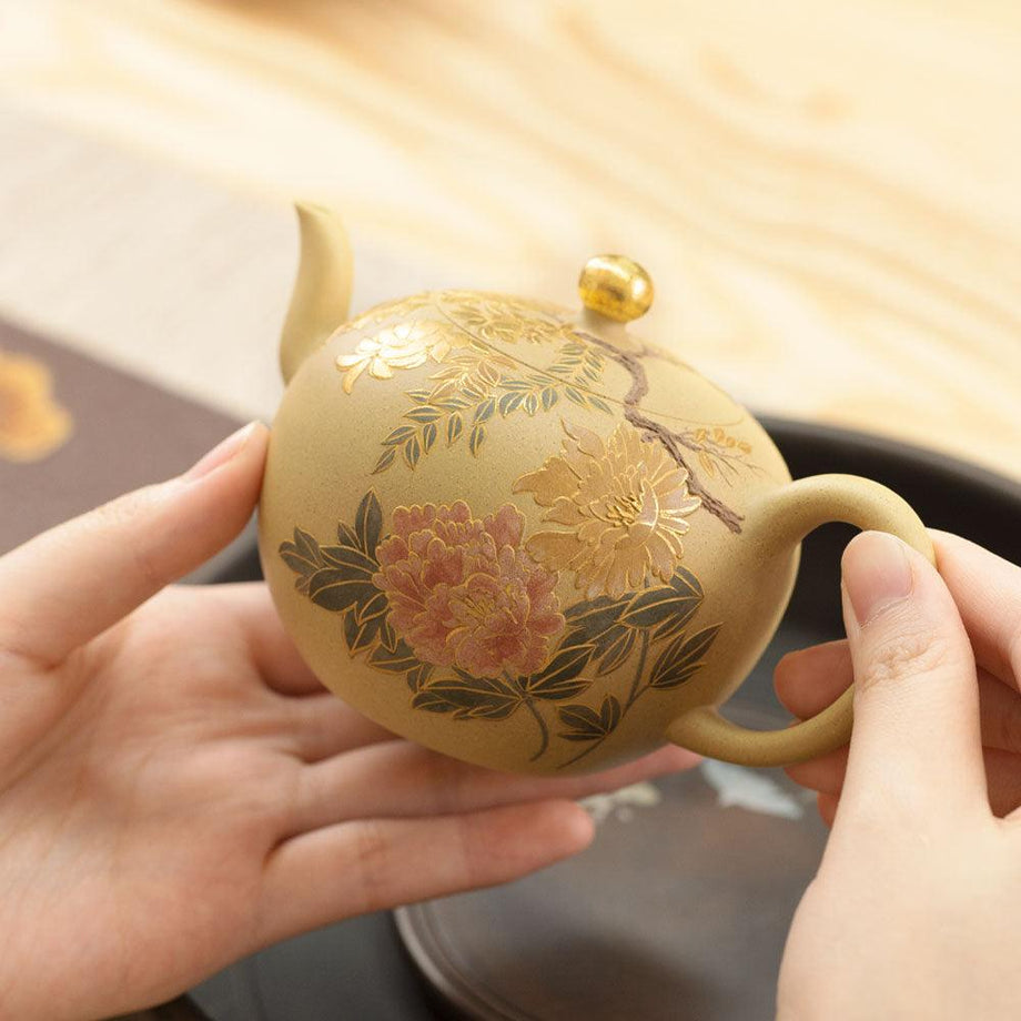 Yixing Clay Chinese Tea Pot Yixing Zisha Teapot Peony Pattern Gift Box  Package Cute Gift to Him or Her 